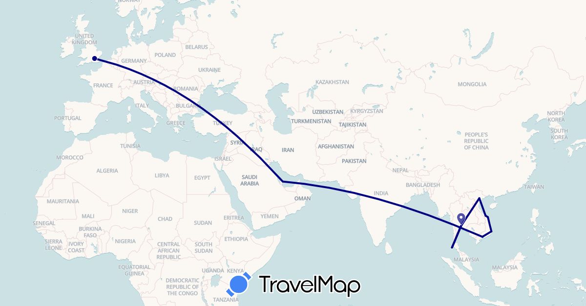 TravelMap itinerary: driving in United Kingdom, Qatar, Thailand, Vietnam (Asia, Europe)